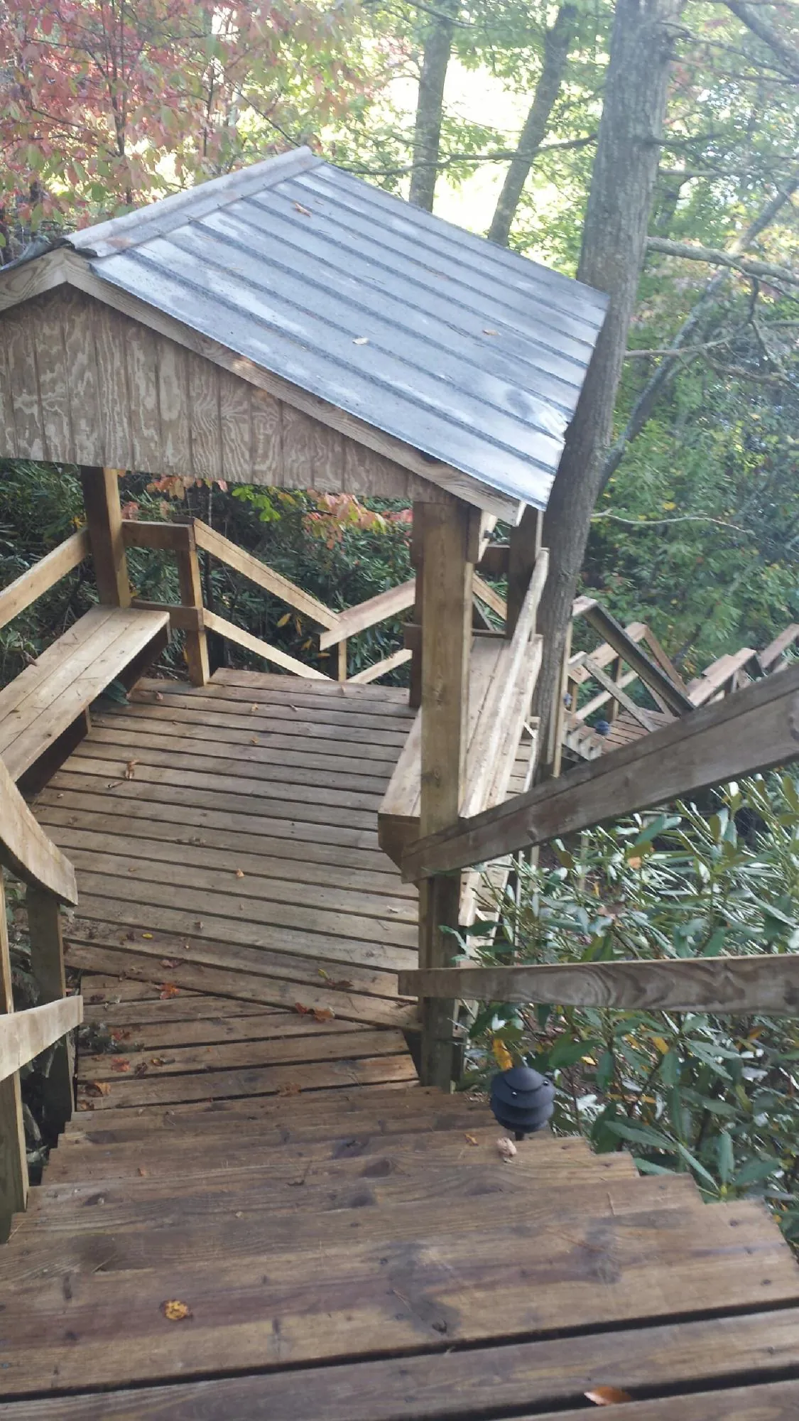 Metal roofed shelter over wooden steps on a wooded walkway — Skylight Repair & Installation work by our crew in Centertown